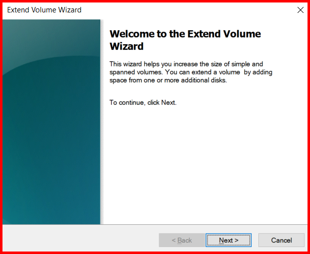 Picture showing the wizard window when user clicks on the Extend Volume option